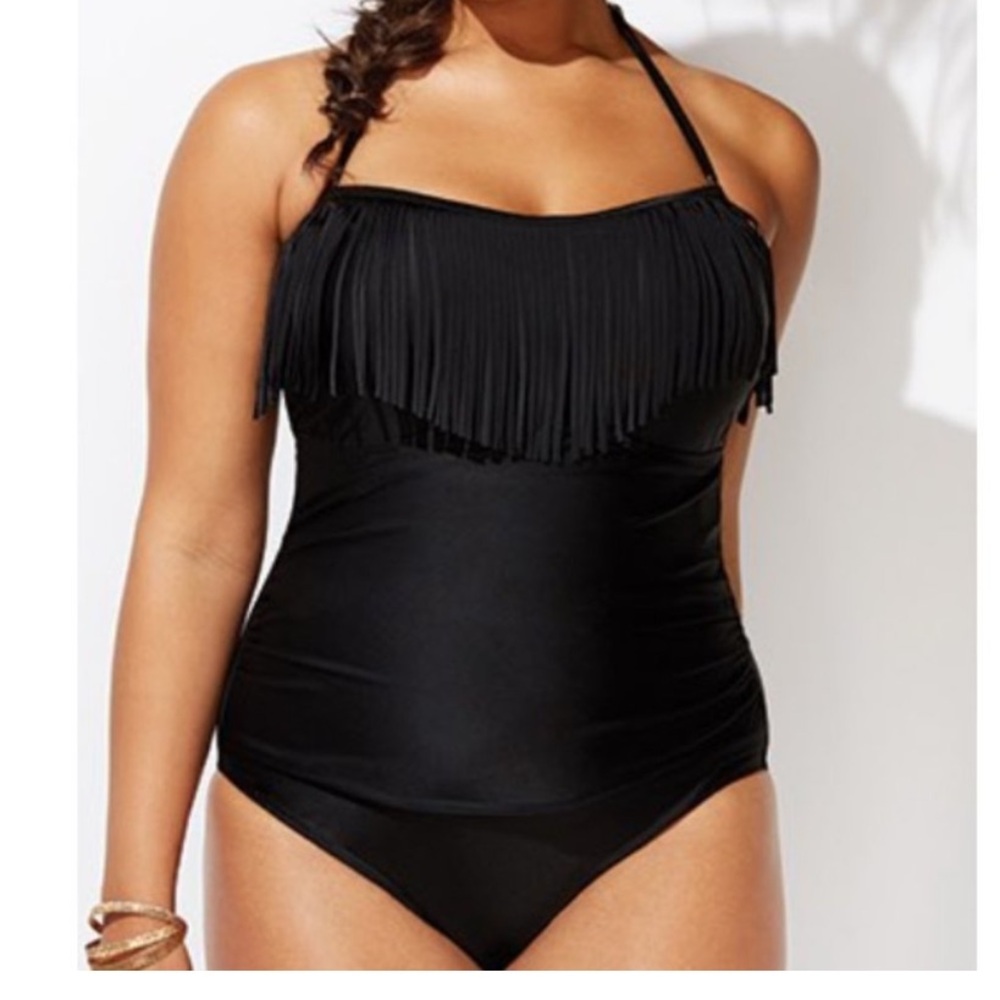New Black Swimsuit Fringe Trim Bandeau Plus size 20 One Piece Swimsuits For All